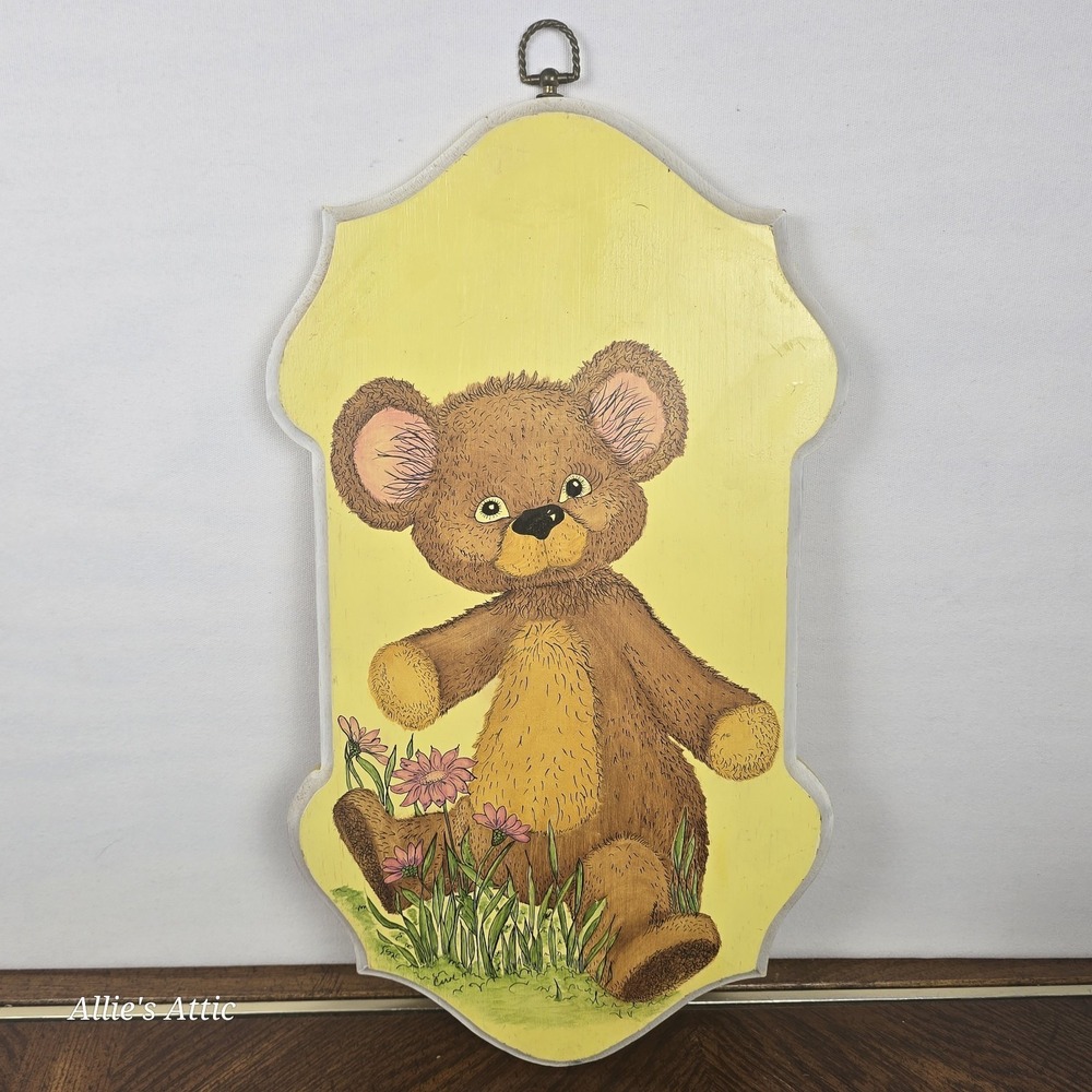 Wooden Teddy Bear Wall Decor Vintage Painting Kid Room Baby Nursery Yellow 19x10